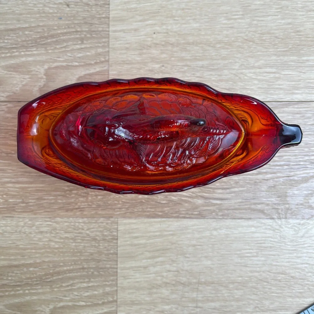 Vintage Amberina Glass Koi Fish Covered Gravy Boat Dish Red Orange 7 Inch